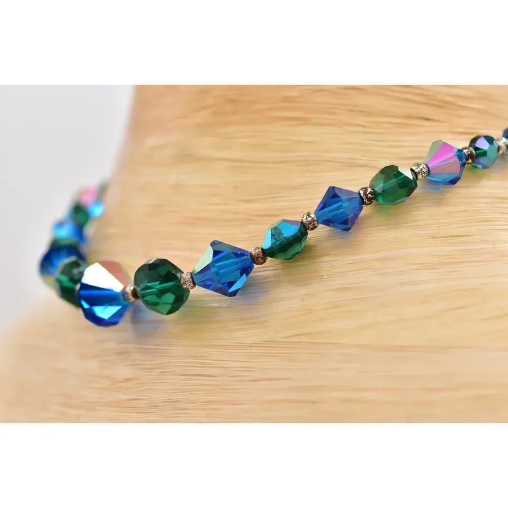 Vintage Blue Green Crystal Choker Necklace Sparkling Beaded Chunky 1960s BinBM